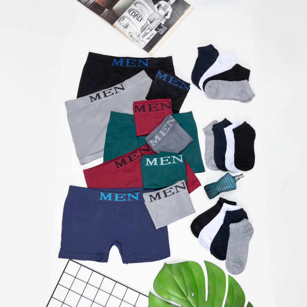 Kit 10 Cuecas Boxer Microfibra Adulto + 12 Pares Meias Algodão