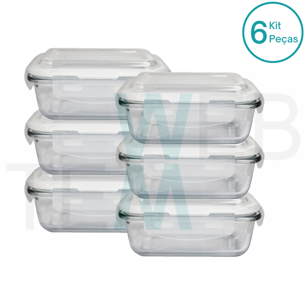 Kit 6 Pote Hermético De Vidro Retangular 370ml Marmitex Tampa Trava Não Vaza Geladeira Mantimentos