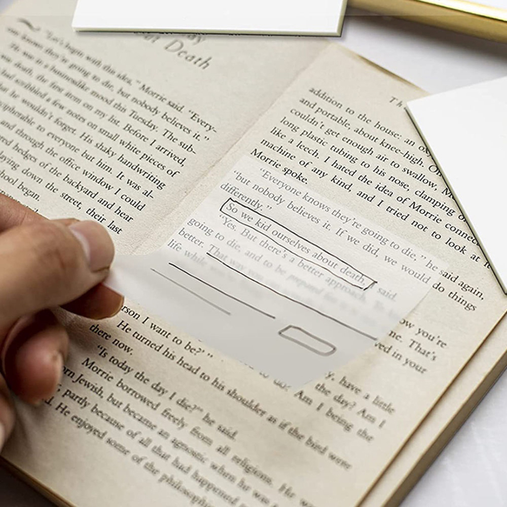 Kit com Bloco adesivo transparente e caneta preta ponta fina - anotações livros