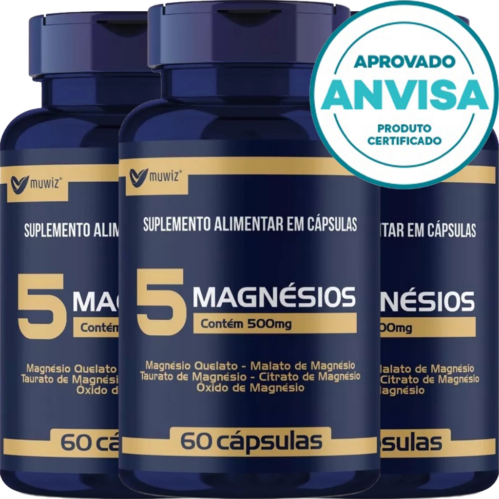 KIT 3x 5 Magnésios ( Quelato + Malato + Taurato + Citrato + Óxido ) 60 Cápsulas 500mg - Muwiz