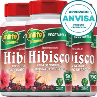 KIT 3x Hibisco Com Gengibre + Picolinato de Cromo - 90 Comprimidos 500mg - Unilife Vitamins em Oferta na Shopee