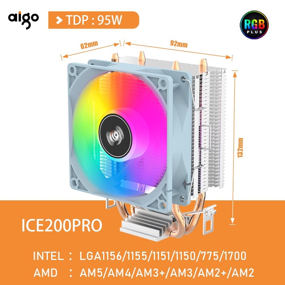 Cooler para processador, ICE200PRO, RGB, 2 Heatpipes, AMD, INTEL