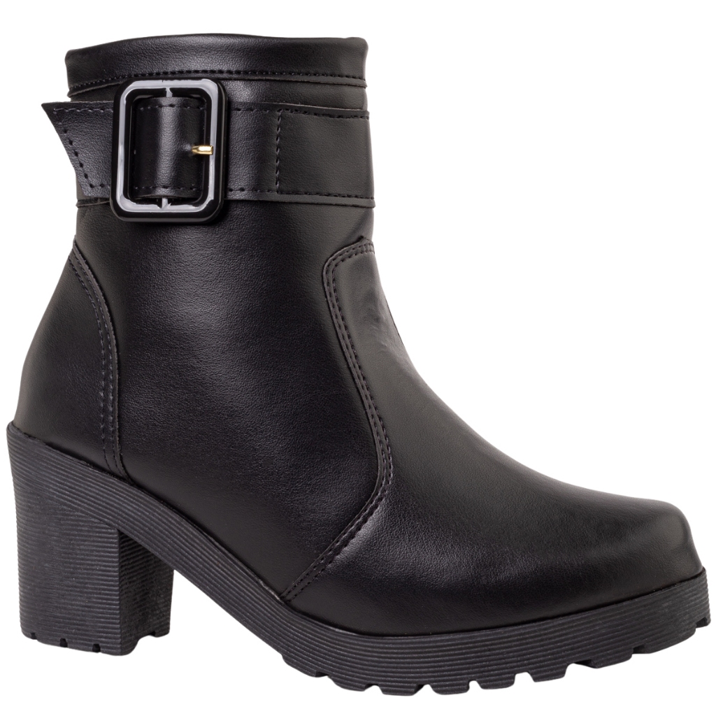 Bota Feminina Salto Grosso Bloco Coturno Tratorado Cano Baixo Zíper Botinha Via Angel 4501