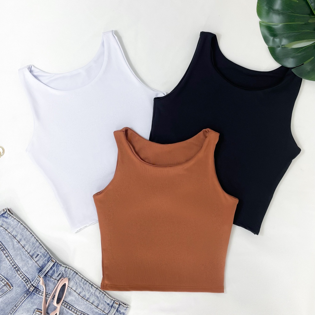 Kit 3 Cropped Feminino Regata Top Liso Básico Suplex Forro Duplo