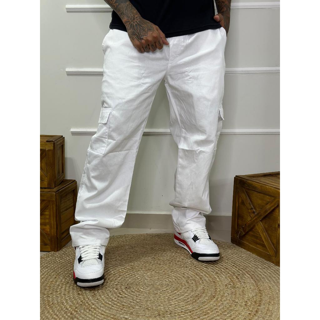 Calca Masculina Cargo Branca Bolso Lateral e Elástico Cordão no Cos Estilosa