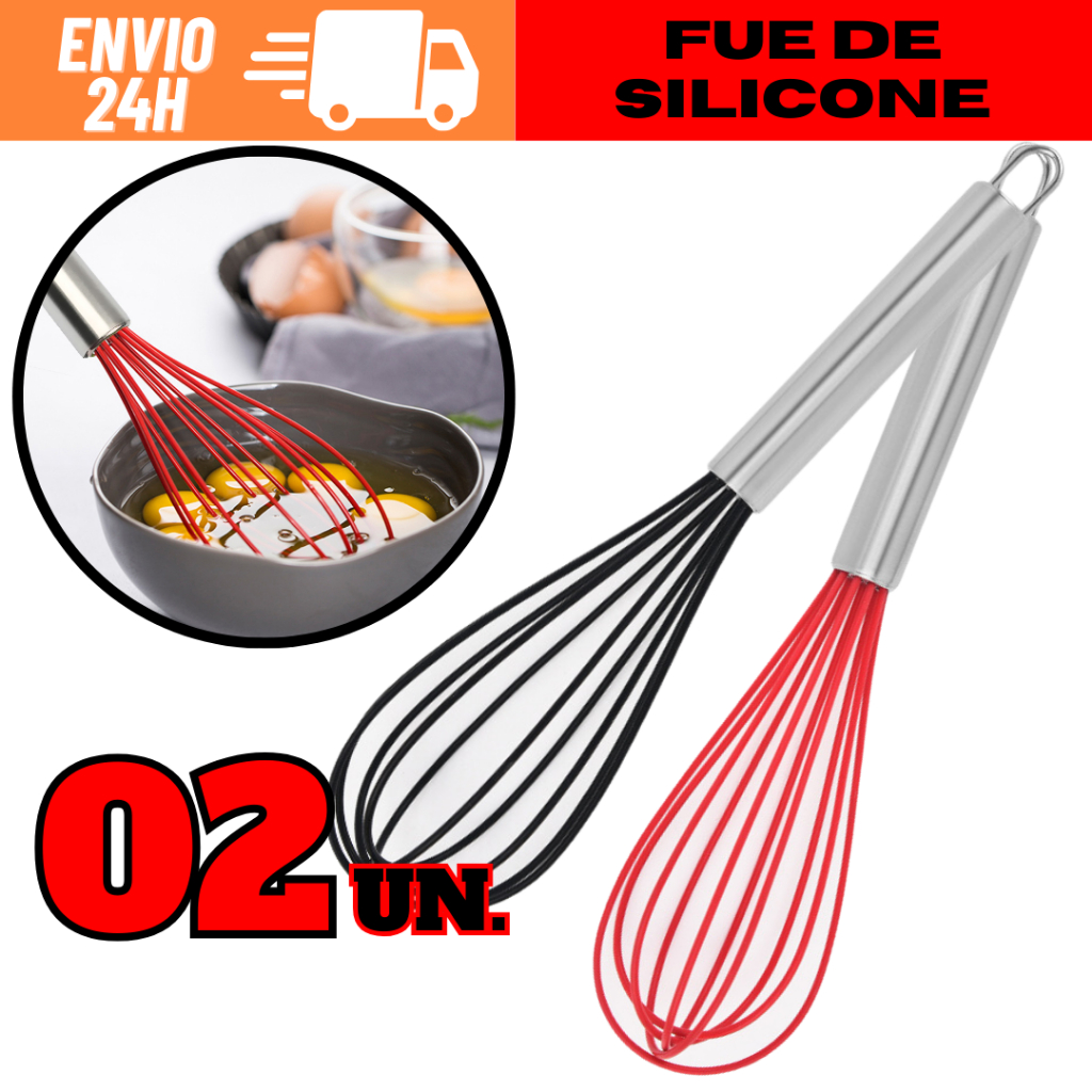 Kit 2 Batedor De Ovos Bolo De Silicone Com Cabo De Inox 30,5cm Fouet Fuê De Silicone Para Receitas Envio Rápido