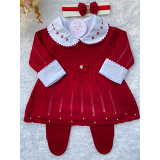 Vestido Tricot Princesa RN bebê + body rococó bordados a mão