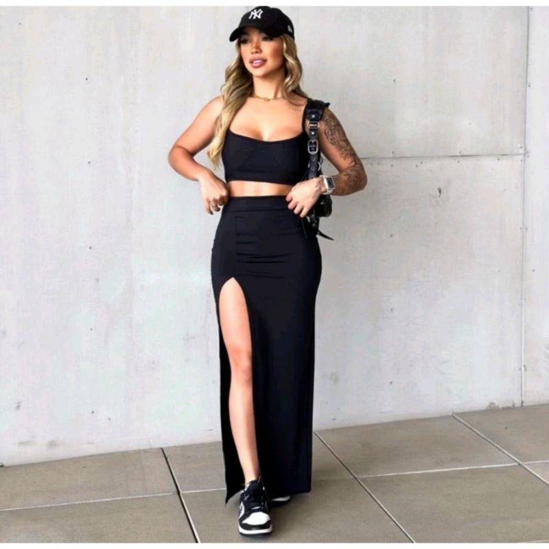 Conjunto Saia Longa e Cropped Alça Com Fenda Lateral Diversas Cores