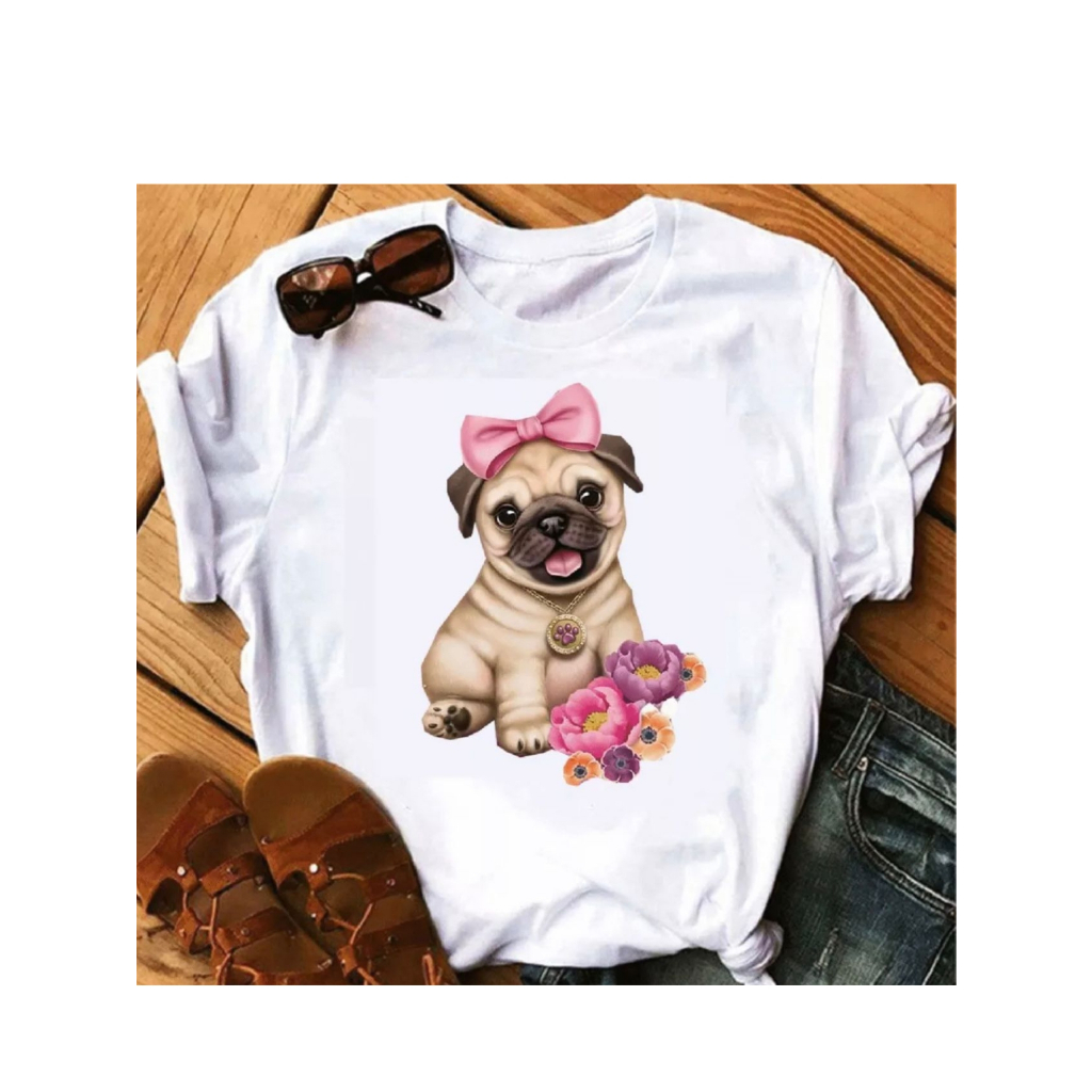 Blusa Feminina Estampada Cachorro Com Laço Camiseta Feminina Baby Look