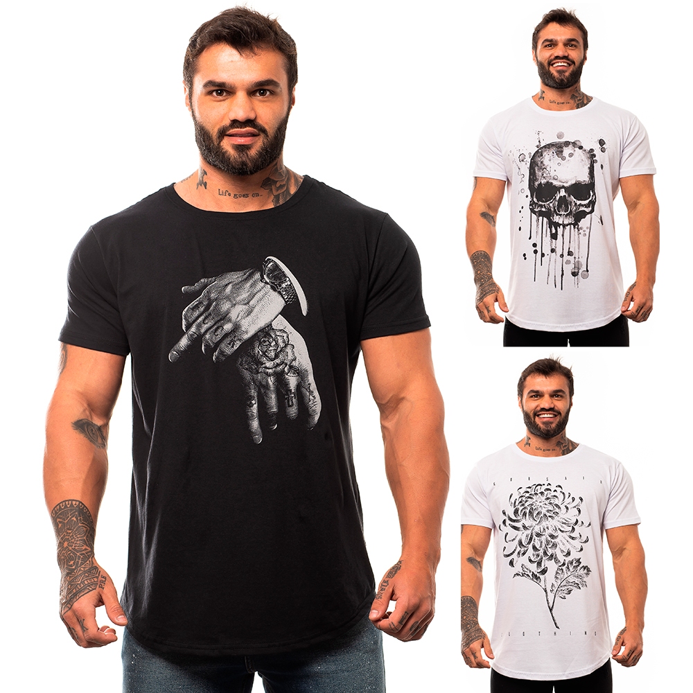 Kit 3 Camisetas Masculina Longline MXD Conceito Estampas Exclusivas Algodão Premium Toque Macio Slim