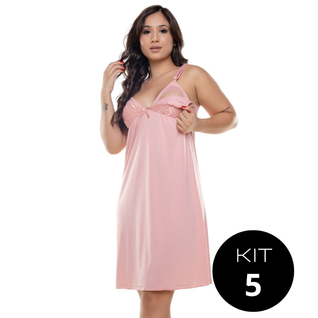 Kit 5 Camisola Amamentação Abre Fácil Gestante Grávida Pijama Conforto Pós Parto Maternidade Microfibra