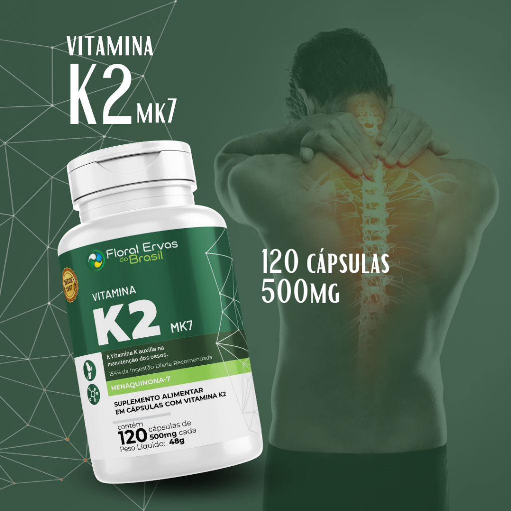 Vitamina K2 MK7 Menaquinona Pura 500mg Isolada Concentrada 120Cáp Ossos Fortes Floral Ervas