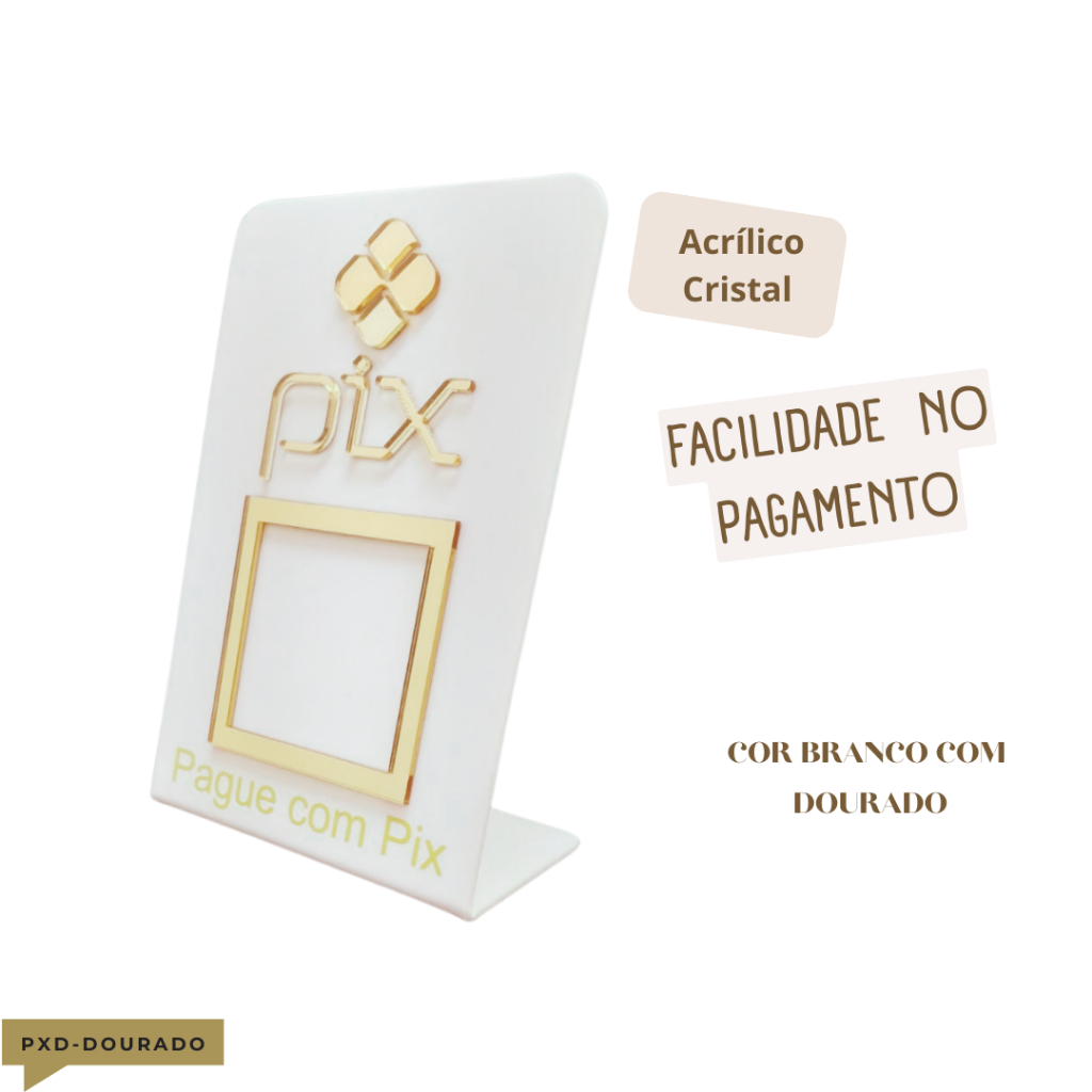 Placa Pix Qr Display em Acrílico Branca - Dourada