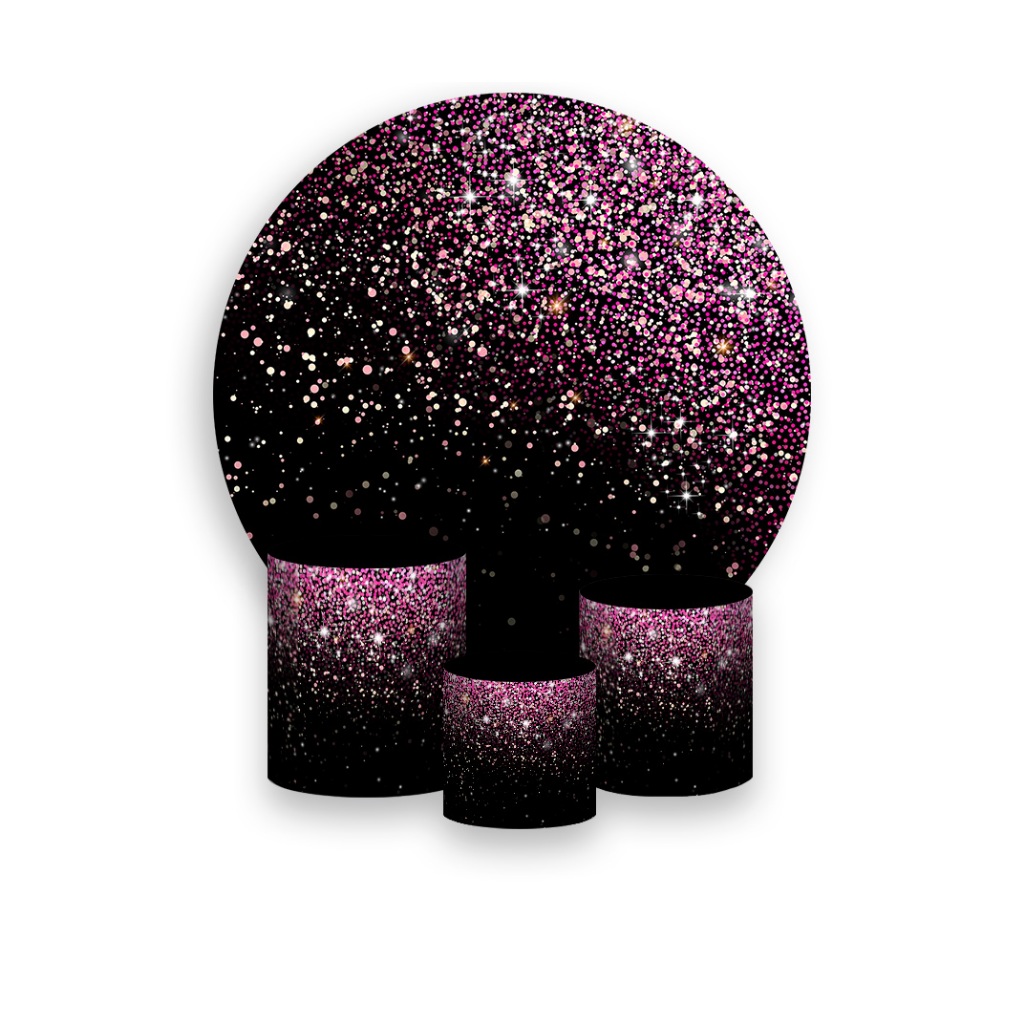 Painel De Festa Redondo + Trio De Capa Cilindro - Preto com Efeito Glitter Rosa 017