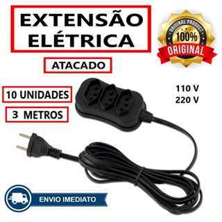 KIT 10 Extensão Elétrica 3 Metros ( 3 Tomadas Bivolt / Fio P2 Padrão Novo e Antigo ) ATACADO REVENDA