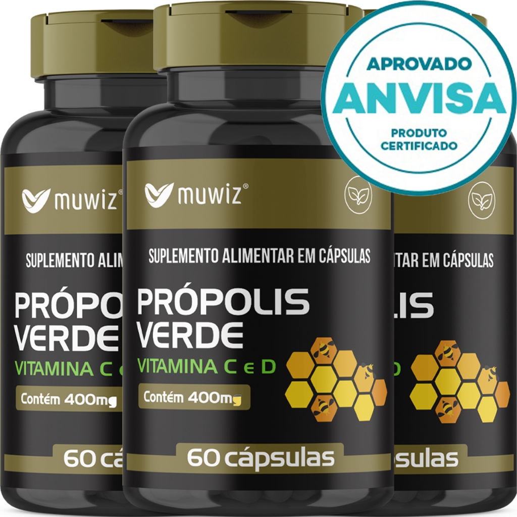 KIT 3 Unidades Própolis Verde + Vitamina C e D - 60 Cápsulas 400mg - Muwiz