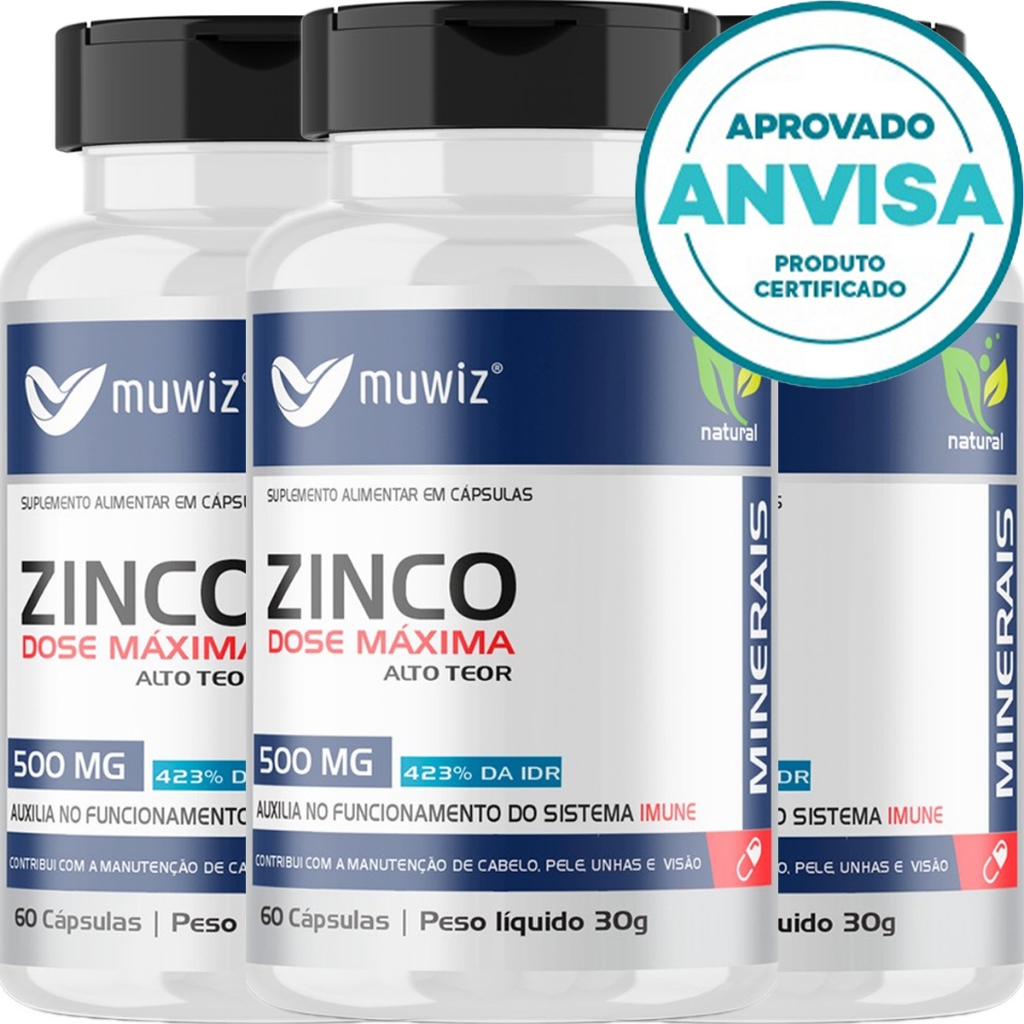 KIT 3 UNIDADES Zinco Quelato - 60 Cápsulas 500mg - Muwiz