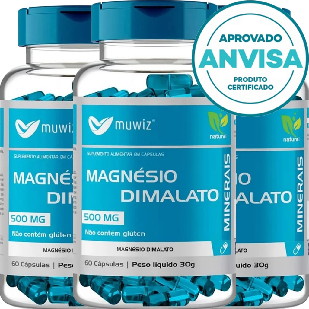 KIT 3 UNIDADES Magnésio Dimalato - 60 Cápsulas 500mg - Muwiz