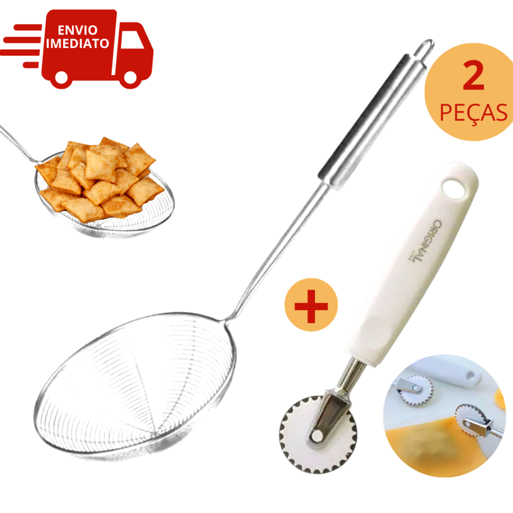 Kit Para Pastel Cortador de Massa Fecha Pastel + Escumadeira Para Fritura Cozinha Aço Inox