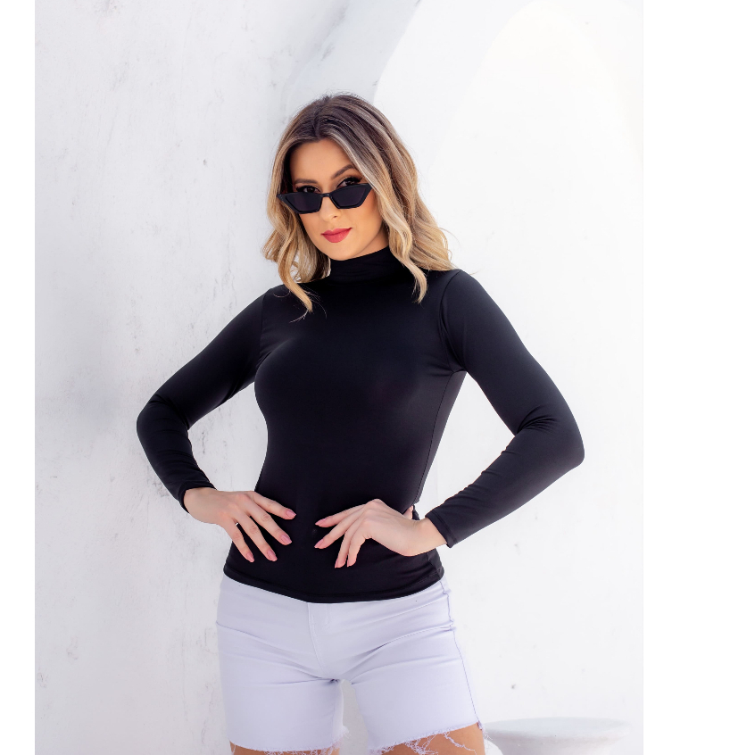 Blusa Cacharrel Feminina Gola Alta de Manga Longa Cacharrel Preta - Women Clothes