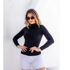 Cacharrel Preta - Cacharrel Feminina - Blusa Cacharrel de Manga Longa com Gola Alta