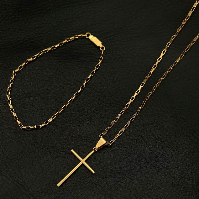 Colar Corrente Masculina Grumet Dourada Pingente Cruz Unissex + Pulseira Tijolinho Aço Inoxidável em Oferta na Shopee