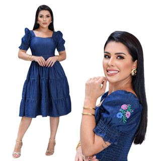 Vestido Jeans com Lastex Manga Curta Feminina Moda Evangelica Gode Midi Beatriz