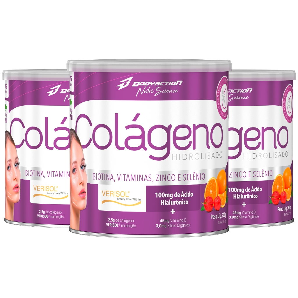 Kit 3x Colágeno Verisol Ácido Hialurônico Pote 200g Com Silício Orgânico e Biotina - Bodyaction