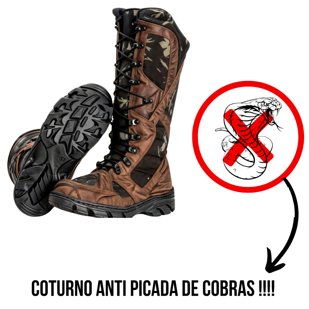 Bota coturno Militar cano alto para pesca,trilhas e caça super reforçada e contra picada de cobras em promoção