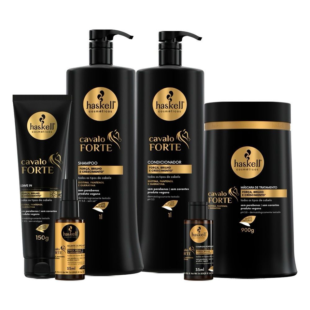 Kit Haskell Cavalo Forte Shampoo 1L Condicionador 1L Mascara 900g Leavein 150ml complexo 35ml e selante 35ml