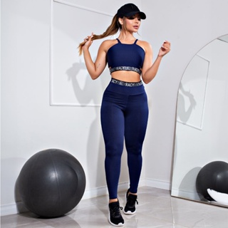 Conjunto Fitness Calça Legging Cintura Alta e Cropped Alcinha com Elásticos Racy para Treinar em Oferta na Shopee