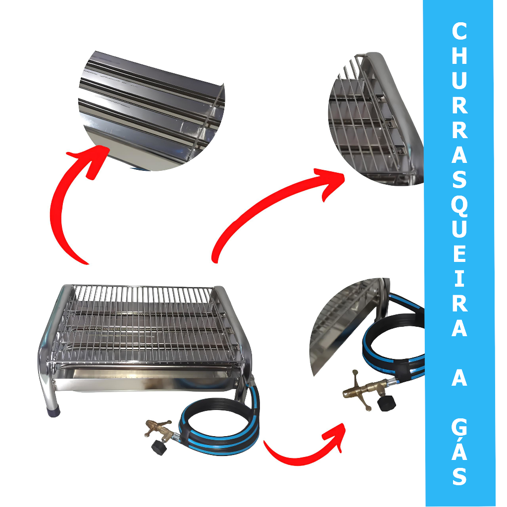 Churrasqueira Grill A Gas Aco Cromado Medio 4 Queimadores Grelha Churrasqueira Com Mangueira a gas