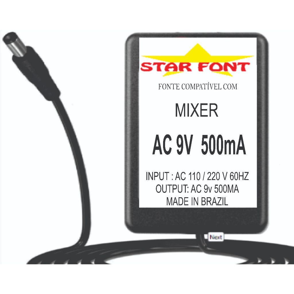 Fonte AC 9V 0.5A Para Preamp Stereo DJ Mixer Gemini MX-01 e MX-02