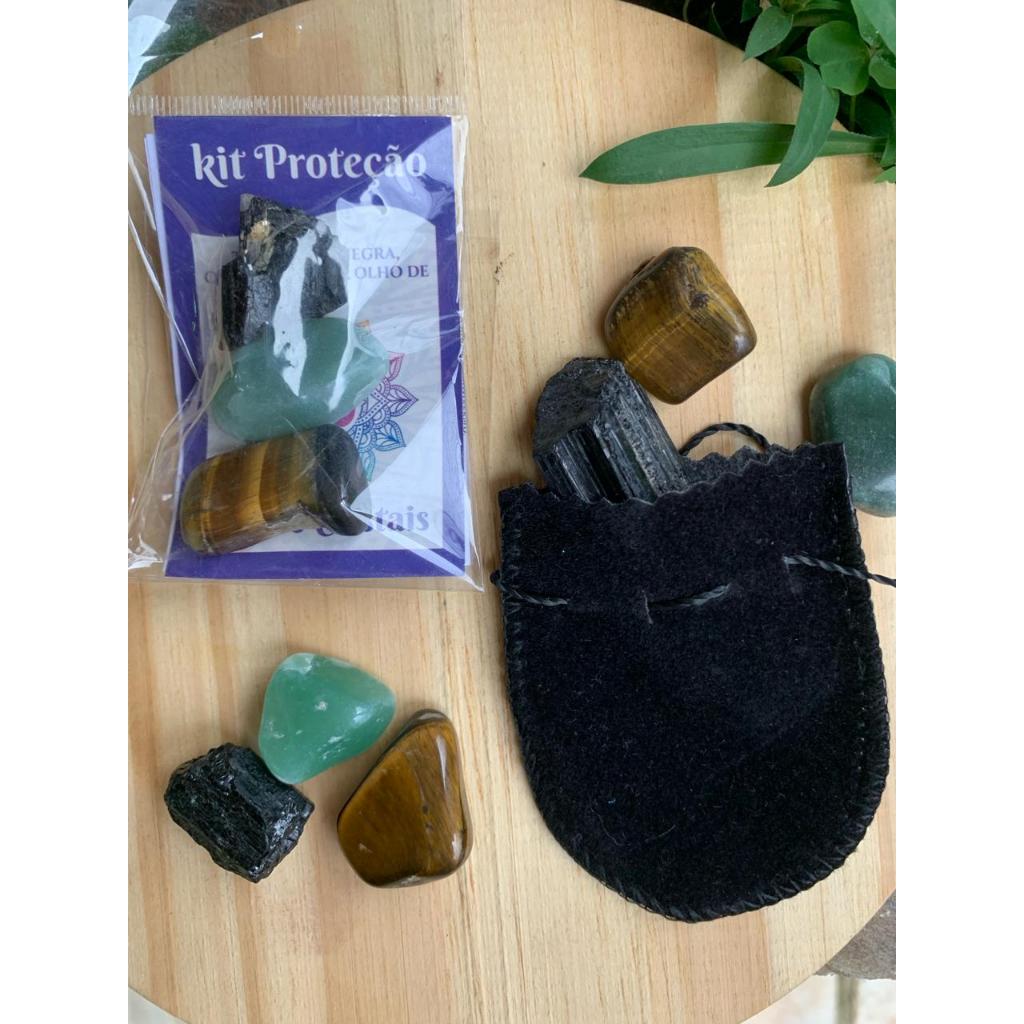 Kit Bolso Pedras Proteção: Turmalina Negra, Quartzo Verde, Olho de Tigre
