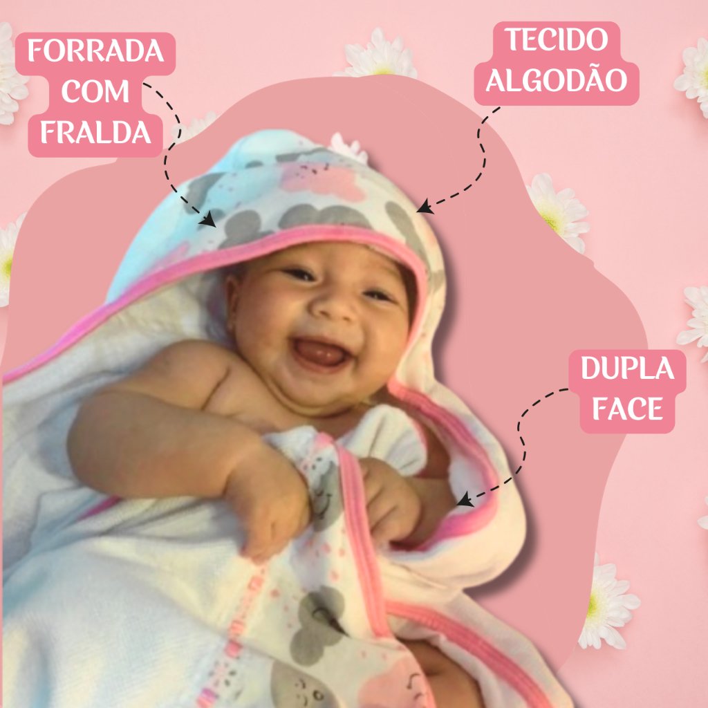 Toalha de Banho Bebê com Capuz Dupla face forrada com fralda de algodão Infantil e Recém nascido