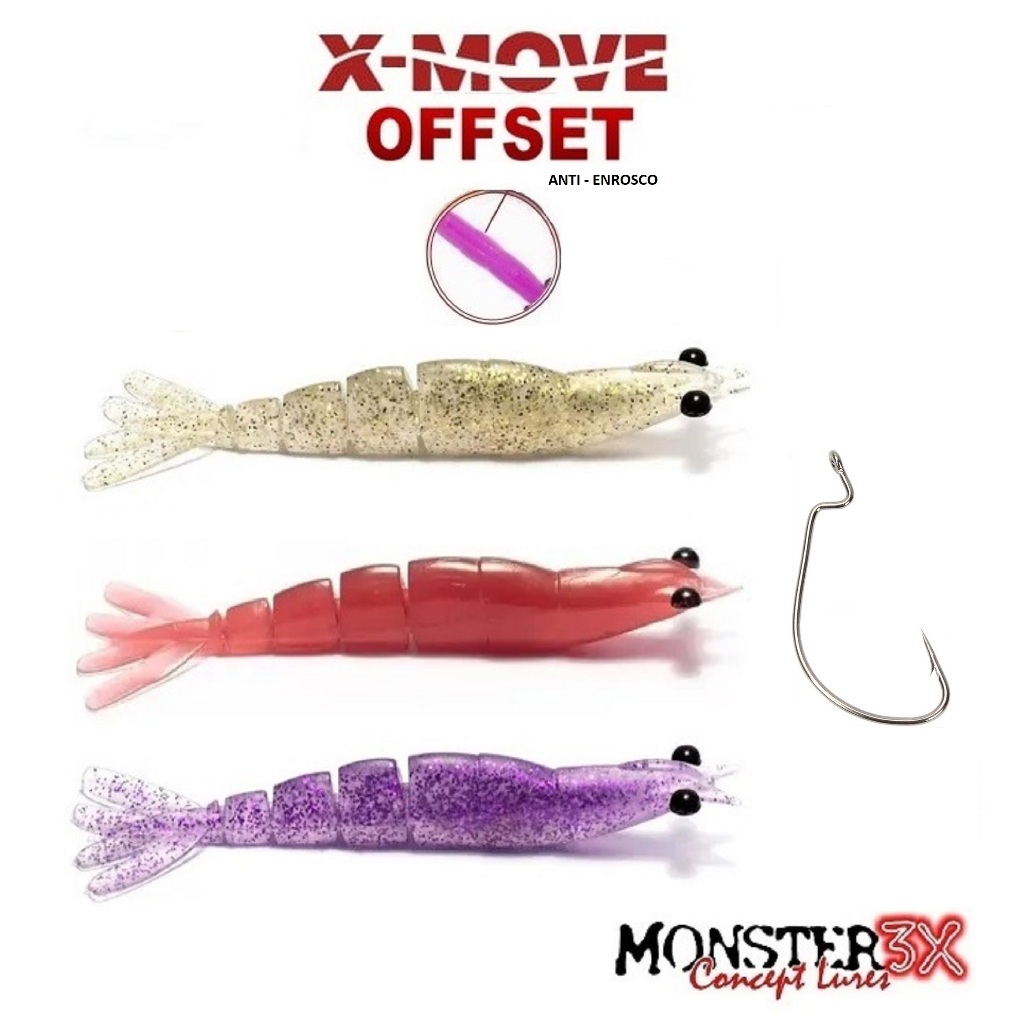 Isca Monster 3x Camarão X-MOVE OFFSET 9cm Cartela Com 3 Unidades ANTI - ENROSCO + Anzol Offset