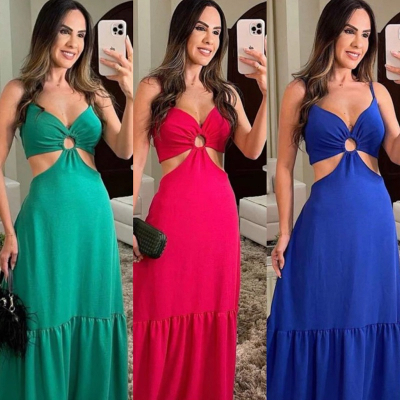 Vestido longo feminino decote V com detalhe em argola tecido duna.