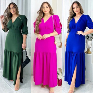 Vestido Manga 3/4 com fenda vestido para casamento madrinha festa elegante Plus Size