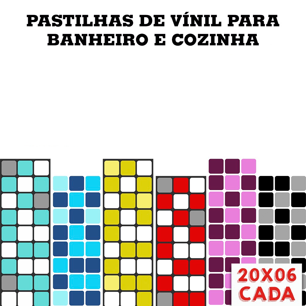 Kit com 20 Papel de Parede Adesivo Vinil Imita Pastilha Banheiro Cozinha Parede Azulejo Modelos