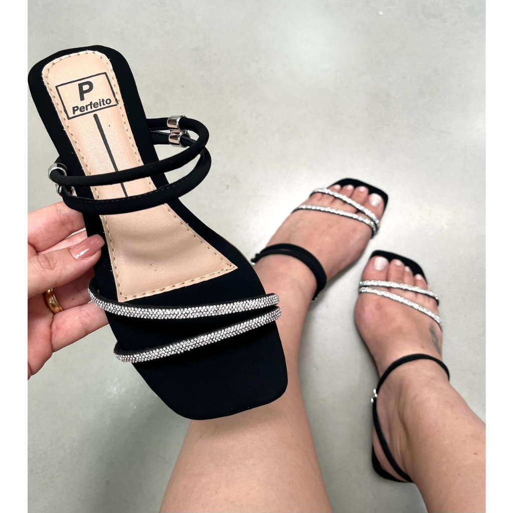 Sandália Rasteira feminina linha premium com strass confortável para sair, rasteirA com regulador e duas formas de uso.