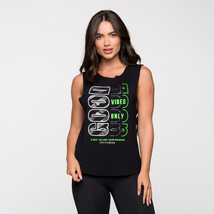 Regata Fitness Feminina Academia Viscolycra Basica Preta Com Estampa Good Vibes