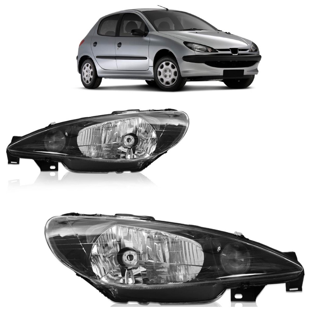 Farol Dianteiro 206 1999 2000 2001 2002 2003 2004 2005 2006 2007 2008 Máscara Negra Foco Simples - Spare Parts and Accessories for Vehicles