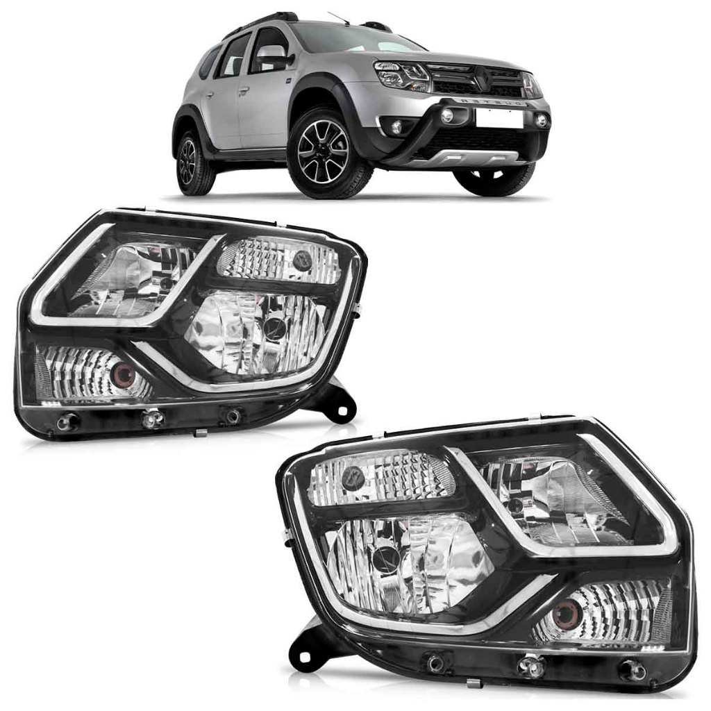 Farol Dianteiro Duster 2016 2017 2018 Máscara Negra Foco Duplo Lente Lisa Acrilico