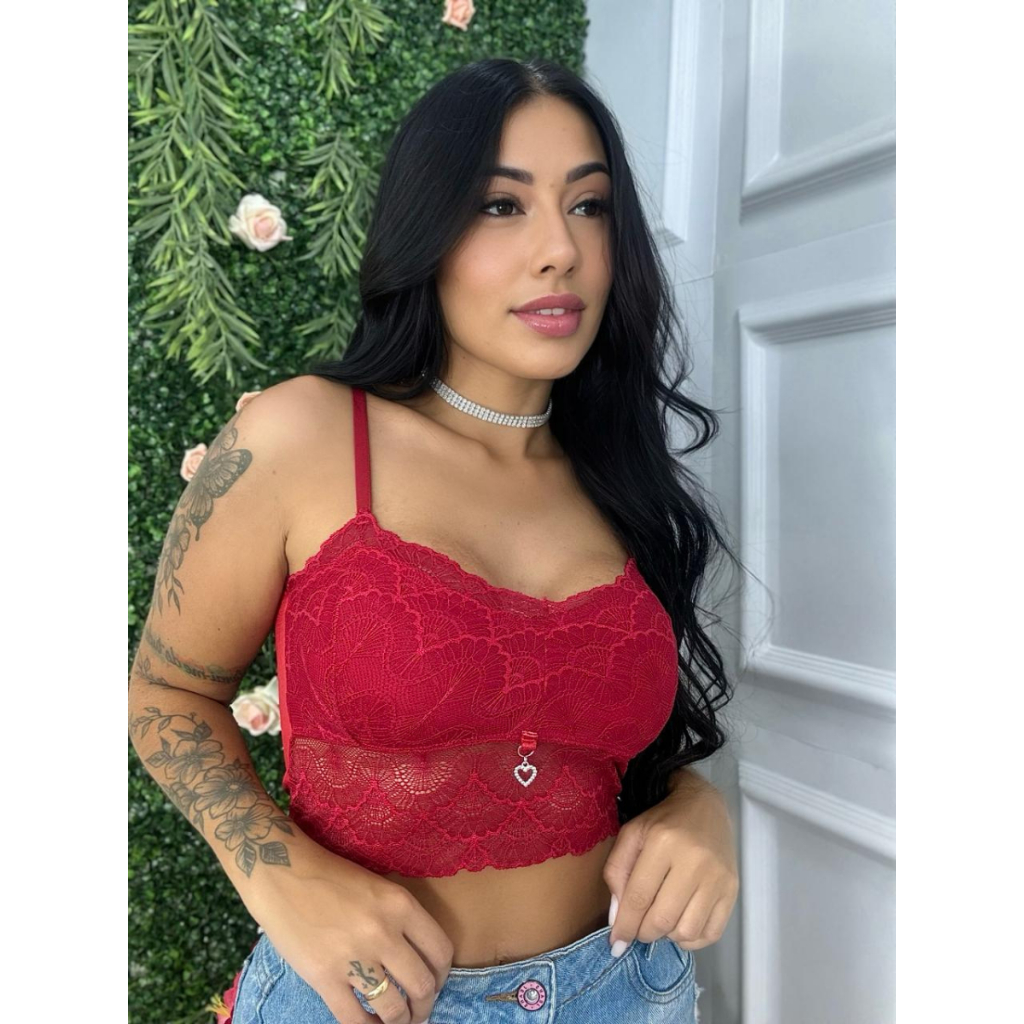 Cropped Renda sem Bojo Alça Croped Blusinha Forrado Feminina Pingente Look Moda Verão