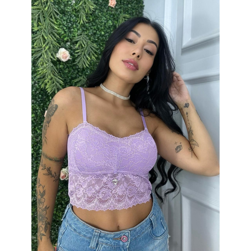 Cropped Renda sem Bojo Pingente Alça Croped Blusinha Forrado Feminina Look Moda Verão