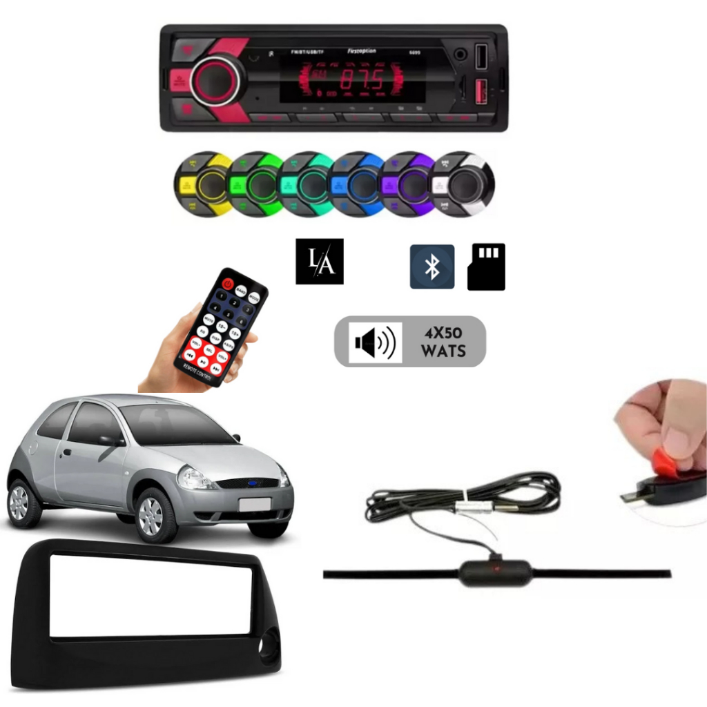 kit  Radio  mp3 First Option  Saída  de  50w  Moldura Ford Ka 99 com  Furo  e Antena