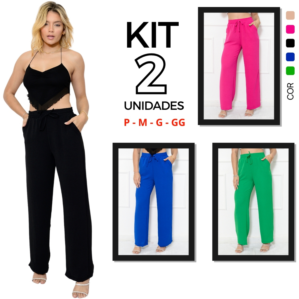 Kit 2 Calças Pantalona Feminina Duna Cintura Alta Com Bolso Elástico Na Cintura