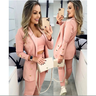 Conjunto Social Feminino Blazer + Cropped + Calça com detalhes Conjuntinho Moda Luxo 3 peças