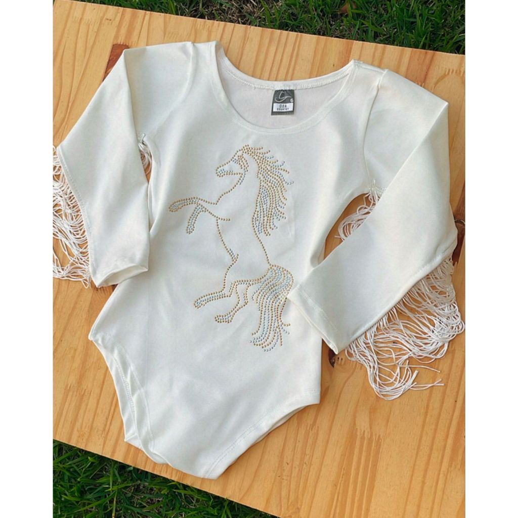 Body Infantil Menina Manga Longa Franja Strass Preto e Branco Pedraria Country Cowgirl  Cavalo Ferradura Rodeio Diversos em Oferta na Shopee