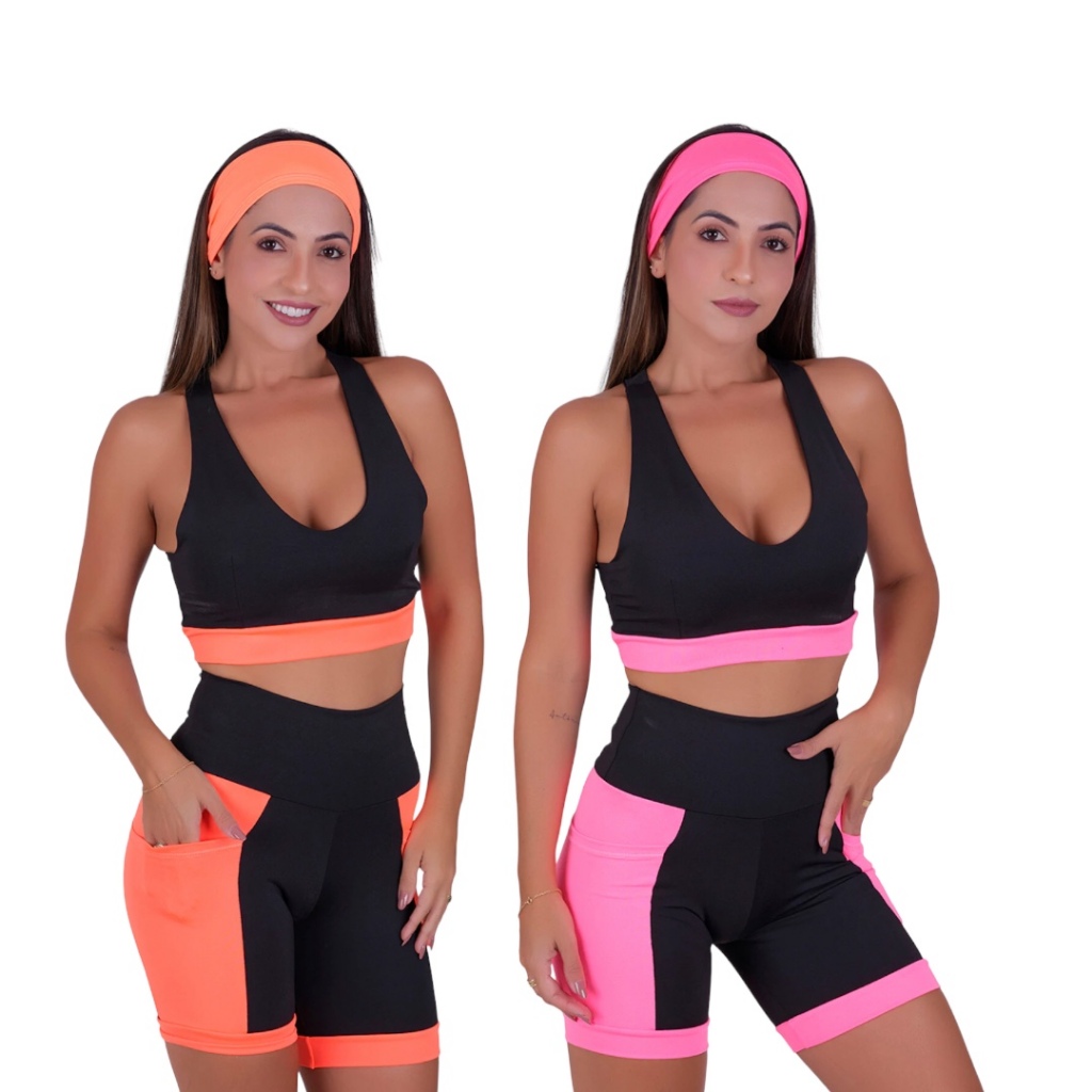 Kit 2 Conjuntos Academia Feminino Fitness Top Compressão + Bermudas Com Bolsos Laterais
